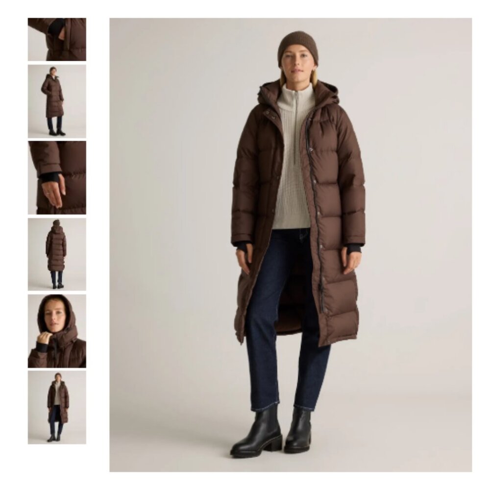 NWT QUINCE Responsible Down Long Puffer Jacket Hot Fudge